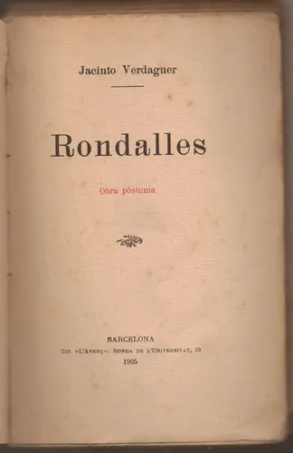 Rondalles. Jacinto Verdaguer. Barcelona, 1905. Ed. L' Avenç (Usado)
