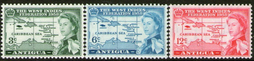Antigua Serie X 3 Sellos Mint Mapas Indias Occidentales 1958