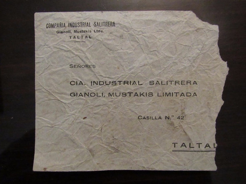 Sobre Correo Cia Salitrera Gianoli Mustakis Taltal Salitre