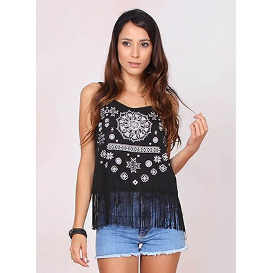 Top Cropped Com Franjas Feminino Brenda Lee - Pto/bco