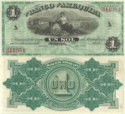 Antiguo Billete Peru Banco De Arequipa 1 Peso Año 1874