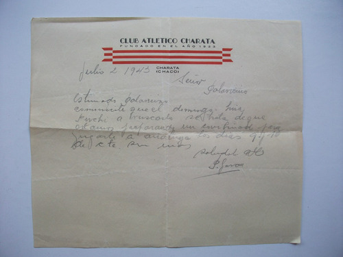 Carta Del Club Atlético Charata - Julio De 1943 - Chaco