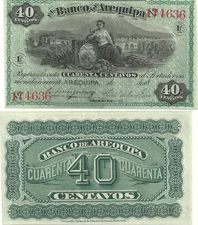 Antiguo Billete Peru Banco De Arequipa 40 Centavos Año 1874