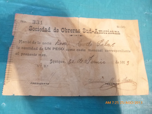 Vale Recibo 1 Pesos Sociedad Obrera Sud Americana 1913 (a14