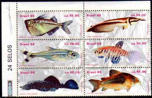 Brasil Serie Se-tenant Completa X 6 Sellos Mint Peces 1988