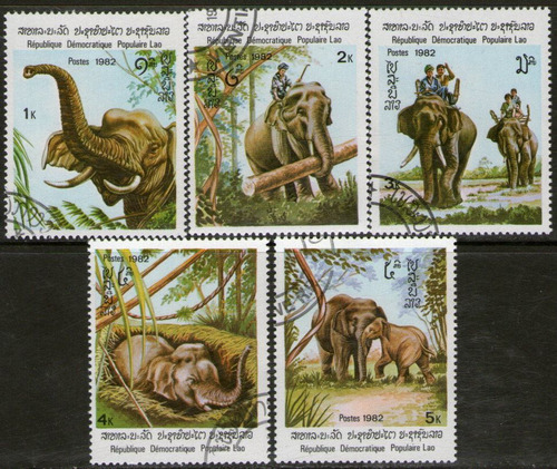 Laos Serie X 5 Sellos Usados Fauna = Elefantes Año 1982
