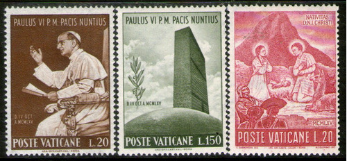 Imagen 1 de 1 de Vaticano 3 Sellos Mint Navidad Peruana = Papa = N. U. 1965