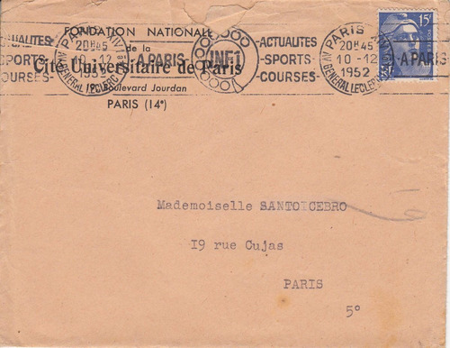 1952 Carta Y Sobre De Cite Universitaire De Paris A Uruguay