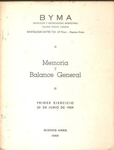 Byma Bicicletas Y Motocicletas Memoria Y Balance 1959