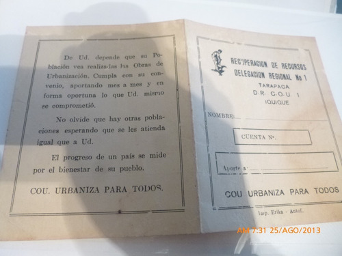 Tarjetade Recuperacion De Recursos Tarapaca 1973