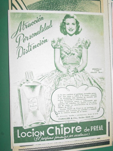 Priscilla Lane Publicidad Cinema Locion Perfume Origan Preal