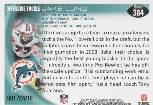 2010 Topps Gold Jake Long Miami Dolphins /2010 (Usado)