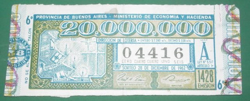 Billete Loteria Antiguo 28/12/62 Provincia De Buenos Aires