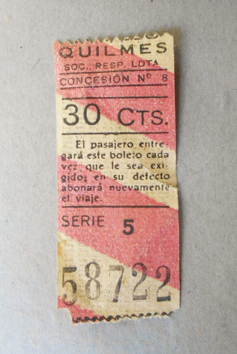 Boleto Antiguo De Colectivo Expreso Quilmes Circa 1940