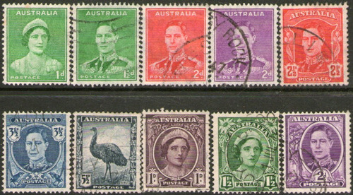 Australia 10 Sellos Usados Reyes = Fauna = Avestruz 1938-44 