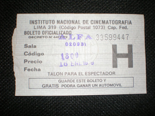 Antigua Entrada De Cine Alfa 16 Enero 1979