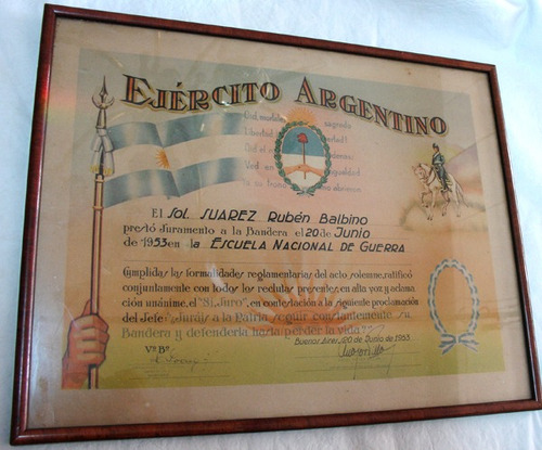 Antiguo Diploma Jura De La Bandera Soldado Suarez 1953