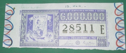 Billete Loteria Antiguo 28/12/62 Grabado Año 1963
