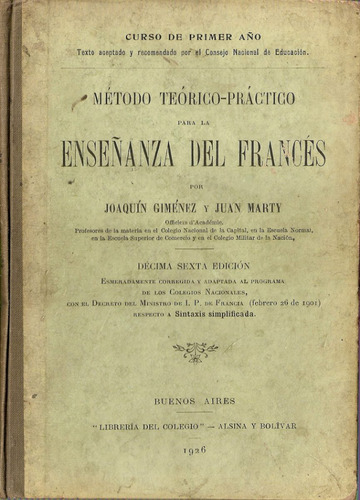 Enseñanza Del Frances - Gimenez-marty -lib. Del Colegio 1926