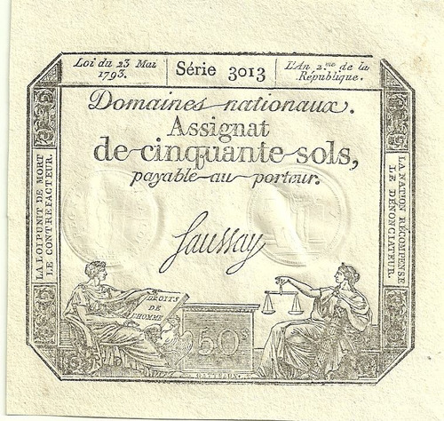 Billete Francia 50 Sols Año 1793 Revolucion Francesa Sin Uso