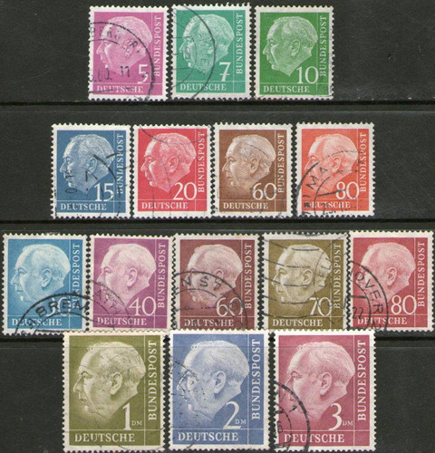 Alemania Federal Serie X 15 Sellos Usados Pte. Heuss 1953-54