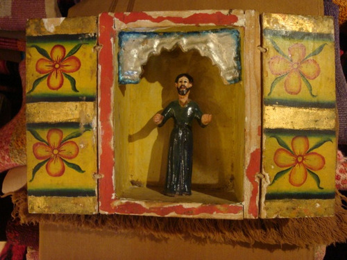 Antiguo Retablo Con Santo Criollo Madera Arte Sacro Popular