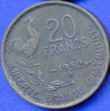 Imagen 1 de 2 de Francia 20 Francs 1952 B * Gallito *