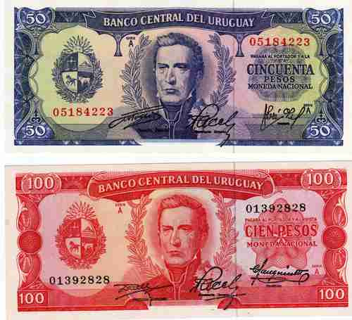2 Billetes Uruguay 50 Y 100 Pesos Año 1967 Sin Circular-
