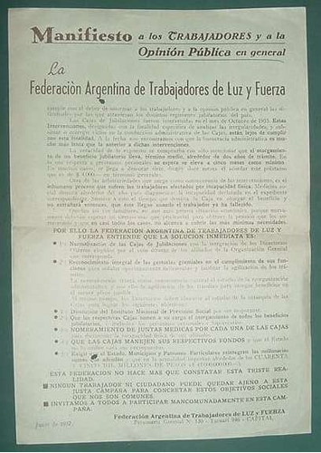 Panfleto Manifiesto Trabajadores Sindicato Luz Y Fuerza 1957