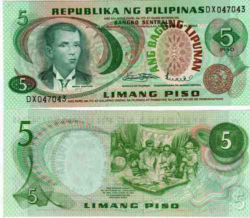 Billete De Filipinas 5 Piso Año 1970 Sin Circular