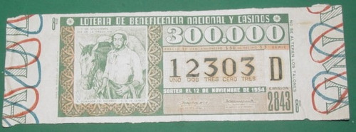 Billete Peronismo Loteria Antiguo 12/11/54 Domador Quiros D