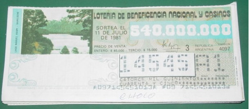 Billete Loteria Antiguo 11/7/81 Lago Nahuel Huapi Bariloche