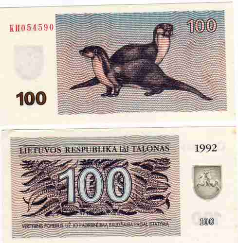 Billete Lituania 100 Talonas Año 1992 Con Focas Sin Circular
