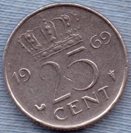 Imagen 1 de 2 de Holanda 25 Cents 1969 * Juliana I *