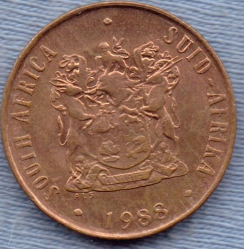 Imagen 2 de 2 de Sudafrica 2 Cents 1988 * Ñu Negro * Escudo *