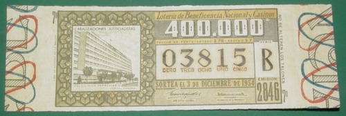 Billete Peronismo Loteria Antiguo 3/12/54 Hospit Ferroviario