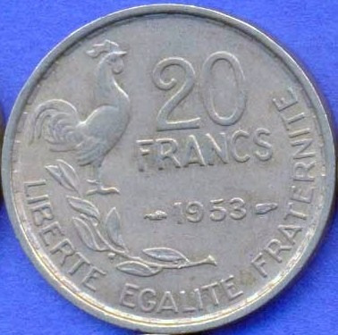 Imagen 1 de 2 de Francia 20 Francs 1953 * Gallito *