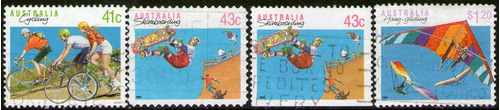 Australia 4 Sellos Deportes: Ciclismo, Skate, Ala Delta 1989