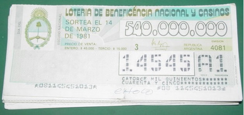 Billete Loteria Antiguo 14/3/81 Dia Del Escudo Nacional