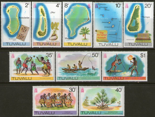 Tuvalu Serie X 10 Sellos Mint Mapas = Pesca Años 1976-78 