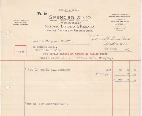 1954 Masoneria Factura Spencer & Co Fabricantes Medallas