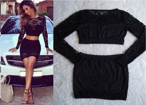 Conjunto Preto Feminino De Malha Com Renda Cropped E Saia