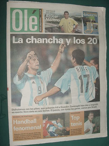 Diario Ole 21/1/03 Cavenaghi Ecuador Handball Nalbandian