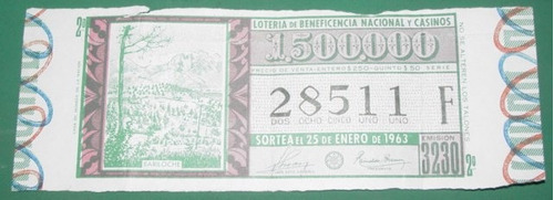 Billete Loteria Antiguo 25/1/63 Grabado Bosque Bariloche
