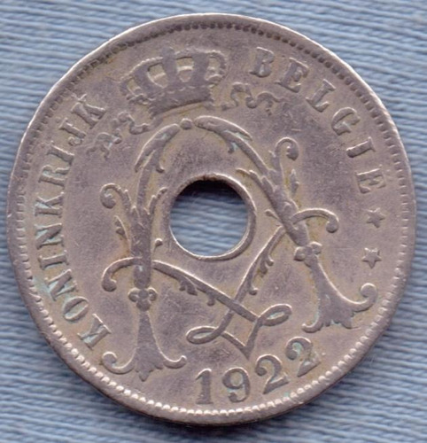 Belgica 25 Centimes 1922 * Leyenda En Holandes * Orificio