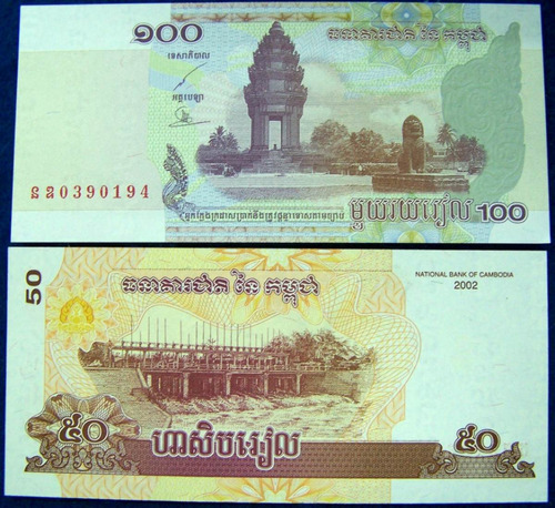 Camboya 50,100 Riels 2001-2002 * 2 Billetes * Sin Circular