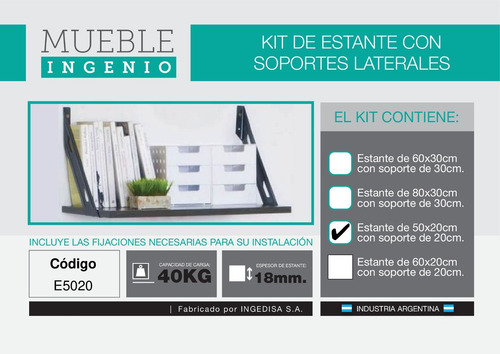 Estante Repisa De 50 X 20 Cm Con Soporte De 20 !!!