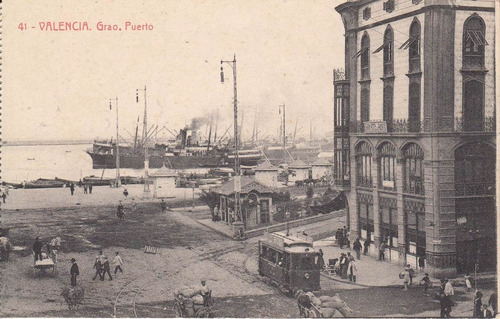 Valencia España Antigua Postal El Grao Puerto Tranvia Barcos