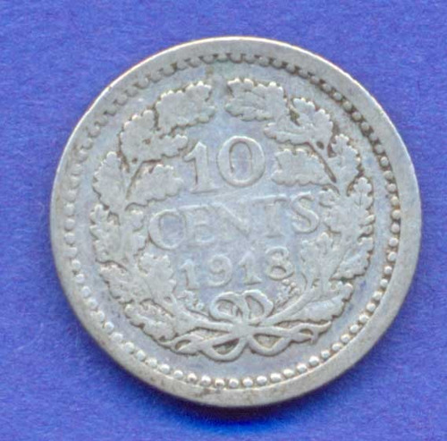Imagen 1 de 2 de Holanda 10 Cents 1918 Plata * Reino Wilhelmina 1 *
