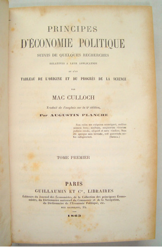 Mac Culloch. Principes D'économie Politique. 1863. Economía,